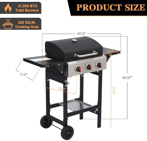 CIG GARDEN 3-Burner Propane Gas Grill 31,500 BTU with Folding Side Tables - Image 2