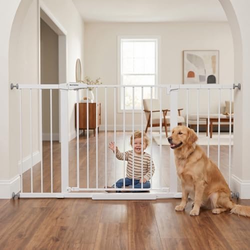 Mumeasy Extra Wide Baby Gate for Doorways, 36-63" Walk Thru Dog Gate with Auto Close Dual Swing for Stairs & Hallways, Easy Install Pressure Mounted Child Safety Gate for Toddlers & Pets Indoor, White by Mumeasy-FocusonBabyPetSafetyGate