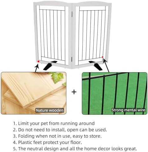 ZJSF Freestanding Dog Fence Indoor, Foldable Dog Gate for Doorways, Stairs or Hallways, Sturdy Wood Extra Wide Pet Gate with Support Feet for The House, White, 32 "Height-2 Panels - Image 6
