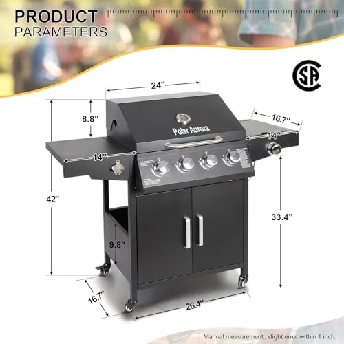 Propane Gas Grill 4 Burners with Side Burner Freestanding Grill Cart with Wheels for Outdoor Garden Cooking Barbecue Grill, Black - Image 3