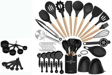 36 pcs Silicone Kitchen Cooking Utensils with Holder, Heat Resistant Cooking Sets Wooden Handle, Nonstick Kitchen Gadgets Tools Include Spatula Spoons Turner Pizza Cutter(Black) for Gift, K Trends by Unknown