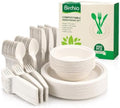 250 Piece (50 Sets) Biodegradable Paper Plates Set (EXTRA LONG UTENSILS), Disposable Dinnerware Set, Eco Friendly Compostable Plates & Utensil include Plates, Bowls, Forks, Knives and Spoons by Birchio