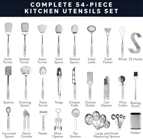 Home Hero 54-Piece Stainless Steel Kitchen Utensils Set - Heat-Resistant Nonstick Silicone & Stainless Steel Cooking Utensils - Complete Tools with Slotted Spoon & Pasta Spoon - Pack of 54, Silver - Image 2