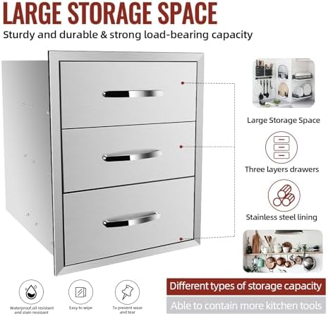 Outdoor Kitchen Drawers Stainless Steel, BBQ Drawer Inserts for Built-in Patio Grill Station, Triple Drawer, 18''W x 23''H x 23''D - Image 4