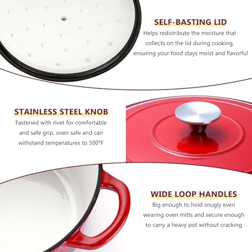 E-far Enameled Cast Iron Dutch Oven with Lid, 6 Quart Round Dutch Oven Pot Nonstick Cookware for Braising, Stews, Roasting, Bread Baking, Cooking, Heavy Duty, Induction & Oven Safe - Red - Image 7