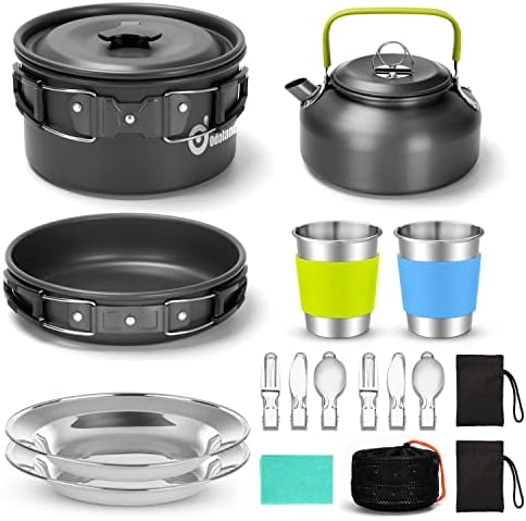 Odoland 19pcs Camping Cookware Mess Kit, Non-Stick Pot Pan Kettle Set for 2 by Odoland