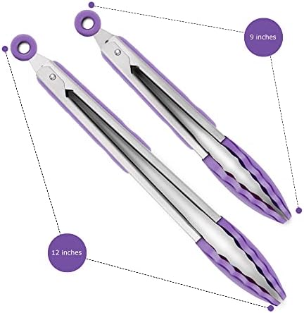 2 Pack Silicone Kitchen Tongs, 9 & 12 Inch, Stainless Steel, Purple - Image 4