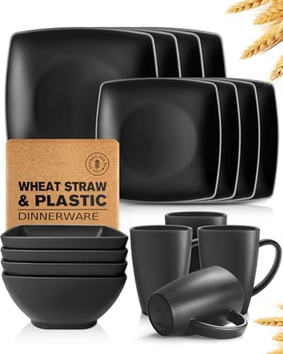 Teivio 16-piece Plastic Wheat Straw Square Dinnerware Set for 4, Unbreakable Dinner Plates, Salad Plates, Snack Bowls, Mugs, Dishwasher Safe, Black by Teivio