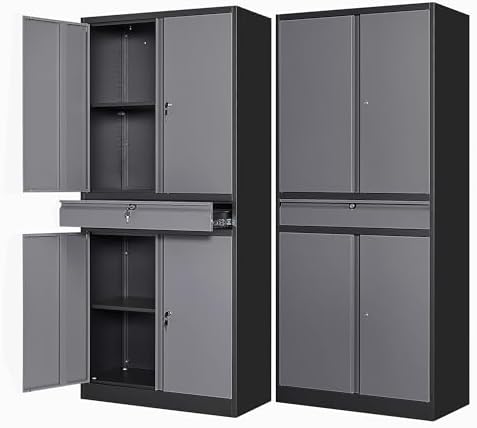 Letaya Metal Garage Storage Cabinet with Drawer,4 Door Tool Cabinet with Lock-2 Adjustable Shelves for Garage Home Office Utility Room (Black & Gray) by LetayaMetalCabinets