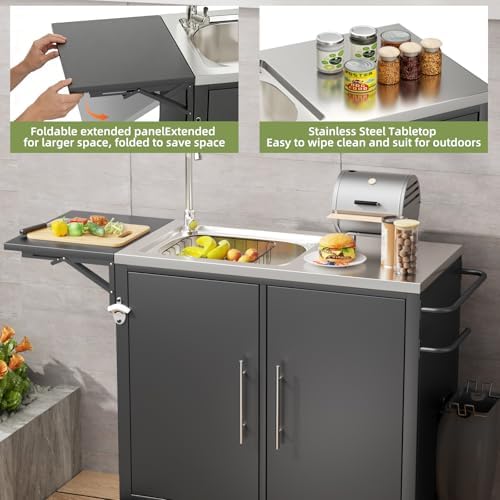 Outdoor Grill Table with Sink, Metal Worktable Kitchen Cabinet Island - Image 4
