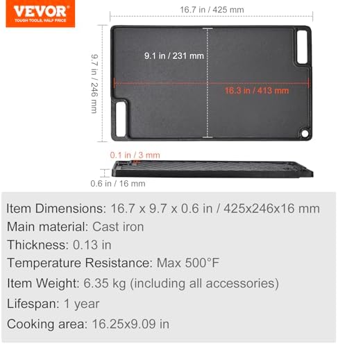 VEVOR Reversible Grill/Griddle, 17x10'' Pre-Seasoned Cast Iron Griddle - Image 7