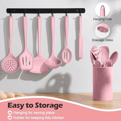 Homikit 15-Piece Kitchen Utensil Set, Pink Silicone Utensils with Holder - Image 4