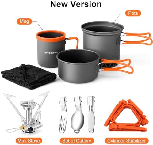 Odoland Camping Pots with Heat Exchanger Camping Cooking Set with Portable Camping Stove Camping Mess Kit Include Mug, Folding Utensil Set, Canister Stabilizer for Backpacking Outdoor Hiking & Picnic - Image 3