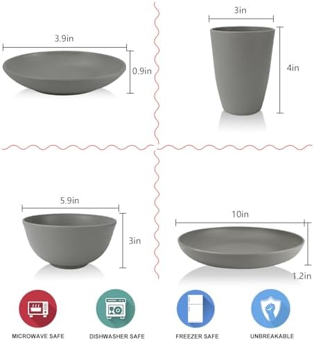 Wrova Wheat straw plates and bowls sets of 16 - Unbreakable wheat straw dinnerware sets for party - Alternative plastic dinnerware set for camping,party and R.V. Grey - Image 2