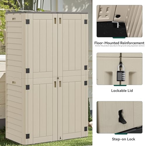 YITAHOME 60 cu ft Tall Outdoor Storage Shed w/o Shelf, Resin Vertical Outdoor Storage Shed, Large Waterproof Storage Cabinet for Garage, Poolside, and Garden (Khaki + Black) - Image 4