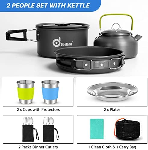 Odoland 19pcs Camping Cookware Mess Kit, Non-Stick Pot Pan Kettle Set for 2 - Image 4