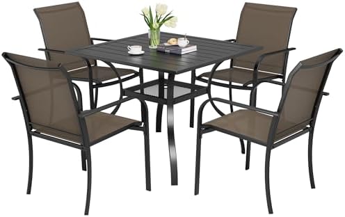 Incbruce 5 Pieces Patio Dining Set, Outdoor Dining Set of 4 Textilene Chairs and Square Table with Umbrella Hole for Backyard, Garden, and Poolside (Brown) by Incbruce
