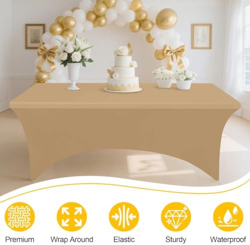Smiry 2 Pack Spandex Table Cloth 6FT, Elastic Fitted Dark Khaki Tablecloth - Image 3