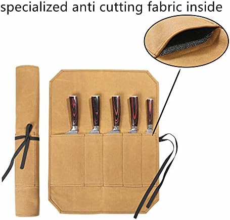 Denifiter Knife Roll, Knife Cases Organizer-Durable Waxed Canvas With Cut Resistant Lining -5 Pockets (Khaki) - Image 3