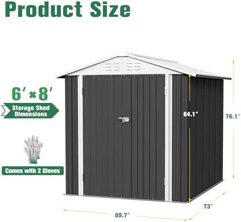 Flamaker 6x8 FT Storage Shed Waterproof Metal Garden Shed with Lockable Door Utility Tool Shed Outdoor Storage for Backyard, Patio and Lawn, Grey - Image 5