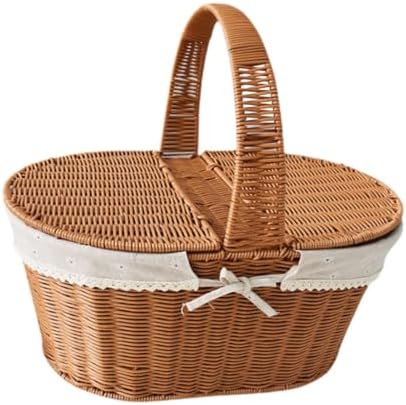 Imitation Rattan Picnic Basket Picnic Hamper Woven Storage Basket Fruit Basket for Bread Fishing Garden BBQ Outdoor Camping- Style a - Image 2