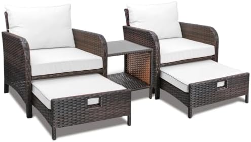 LEVELEVE Balcony Furniture 5 Piece Patio Conversation Set, PE Wicker Rattan Outdoor Lounge Chairs with Soft Cushions 2 Ottoman&Glass Table for Porch, Lawn-Brown Wicker（Ivory White by Enjoyyourlife