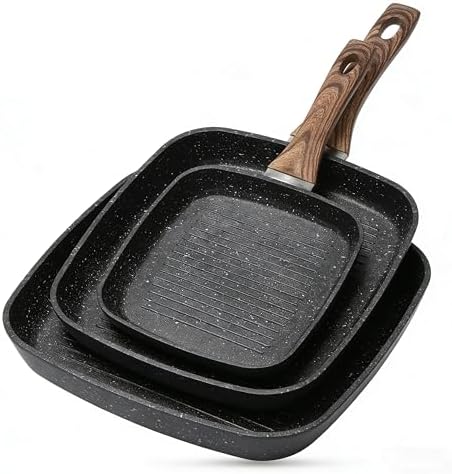 Simple Deluxe 3 Pieces Nonstick Grill Pan Set, Square Versatile Griddle Pans with Wooden Handle, Durable Skillet Indoor & Outdoor Use, All Stovetops Compatible(9.5", 10.2", 11"), PFOA Free, Black by SimpleDeluxe