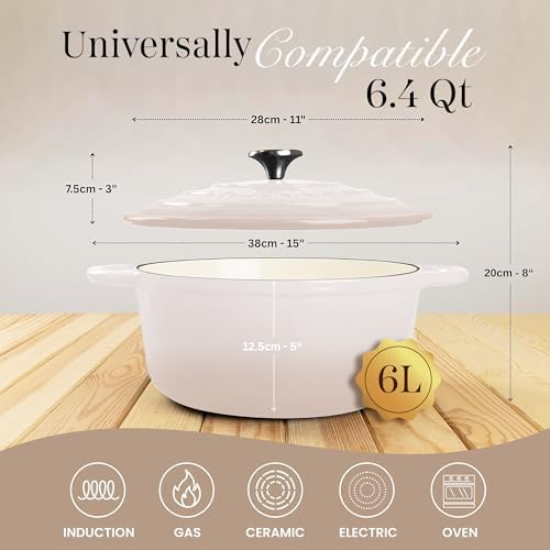 Nuovva Enamelled Cast Iron Dutch Oven Pot with Lid 6.4 Quart Non Stick Casserole Pot-Heavy Duty & Oven Safe up to 500° F for Bread Baking, Braising, Stews, Roasting - 28cm Oyster - Image 2
