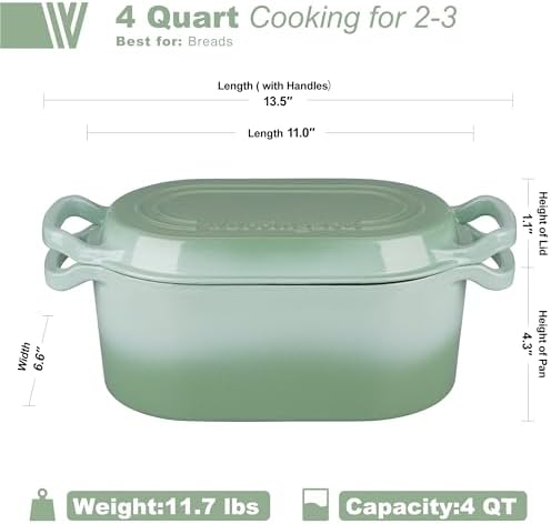 VORRINGARD Oval Dutch Oven Pot with Lid, Enamel Coating Cast Iron Bread Pans for Homemade Sourdough Bread Baking, Cooking, 4 Quart, Green - Image 2