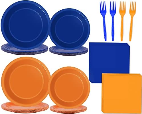 Wiooffen 96 Pcs Orange and Blue Birthday Party Plates Napkins Dart War Party Supplies Tableware Disposable Orange Blue Paper Dinnerware Decoration for Baby Shower Birthday Party, 24 Guests by Wiooffen