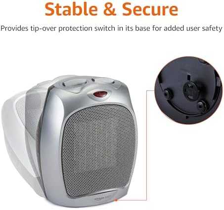 Amazon Basics Ceramic Space Heater, Portable Indoor Heating Solution, With Overheat and Tip-Over Protection, Thermostat, Non-Oscillating, 1500W, Fast Heating, 7.52"D x 6.34"W x 9.45"H, Silver - Image 5
