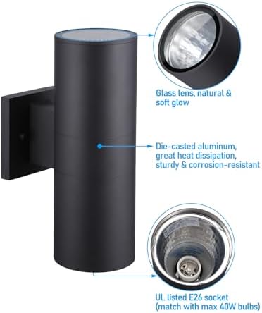 LEONLITE 4-Pack 12" Outdoor Cylinder Wall Light, Up and Down, E26 Base - Image 3