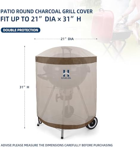 HAMLER Round Barbecue Cover, 21 Inch Small Smoker Cover, Heavy Duty Waterproof Outdoor Grill Cover Fits Weber, Charcoal Kettle, Masterbuilt, Dyna-Glo, Brown & Beige - Image 3