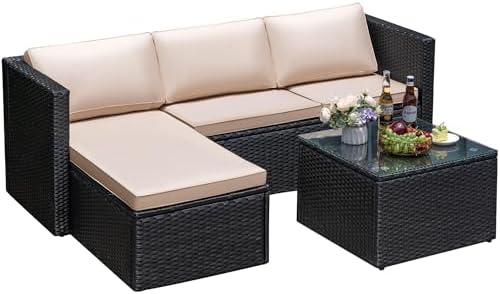 Greesum 3 Piece Patio Furniture Set Outdoor Wicker Rattan Sectional Sofa with Adjustable Seat, Soft Cushions & Coffee Table for Yard, Garden, Porch, Poolside, Beige - Image 7