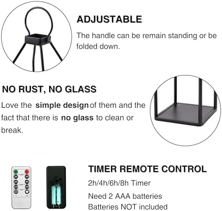 Perfnique Modern Farmhouse Lantern Decor, 15'' 13'' Set of 2 Black Metal Lantern, 2 LED 6hr Timer Flameless Candles ＆ Remote Timer, Lanterns Decorative for Outdoor, Home, Indoor, Patio, Christmas - Image 5