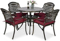 VIVIJASON 5-Piece Patio Furniture Dining Set, All-Weather Cast Aluminum Outdoor Conversation Set, Include 4 Cushioned Chairs and a 35.4" Round Table w/Umbrella Hole for Balcony, Garden, Red Cushion by VIVIJASON