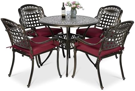 VIVIJASON 5-Piece Patio Furniture Dining Set, All-Weather Cast Aluminum Outdoor Conversation Set, Include 4 Cushioned Chairs and a 35.4" Round Table w/Umbrella Hole for Balcony, Garden, Red Cushion by VIVIJASON