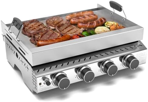 WAA Portable Propane Griddle, 32,000BTU Tabletop Portable Propane Gas Grill with 4 Burners, Stainless Steel Flat Top Grill, Outdoor Cooking for Tailgating,Camping, RVs, BBQ, Patio, Silver by waasmallappliancekingdom
