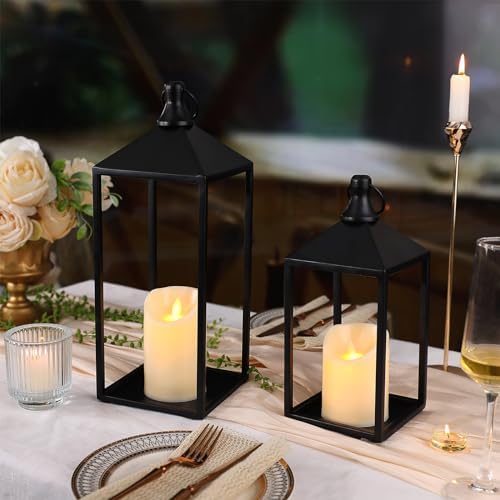 2 Pcs Black Decorative Metal Lanterns Farmhouse Lantern Decor with Candles - Image 7