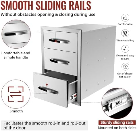 Outdoor Kitchen Drawers Stainless Steel, BBQ Drawer Inserts for Built-in Patio Grill Station, Triple Drawer, 14''W x 21''H x 21''D - Image 5