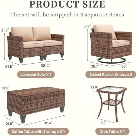 UDPATIO Patio Furniture Set, 5 Pieces Outdoor Furniture Sets with Rocking Swivel Chairs, Wicker Rattan Patio Conversation Set with Storage Table and Waterproof Covers for Backyard Deck Porch, Khaki - Image 3
