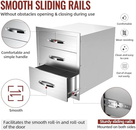 Outdoor Kitchen Drawers Stainless Steel, BBQ Drawer Inserts for Built-in Patio Grill Station, Triple Drawer, 18''W x 21''H x 23''D - Image 5