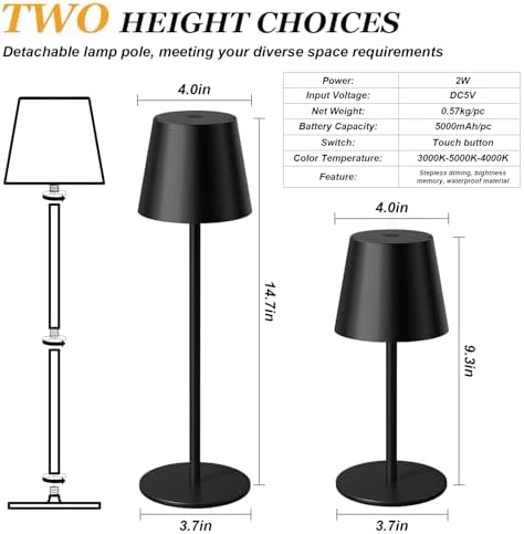 Rechargeable Table Lamp Sets, Cordless Battery Operated Lamps, Black - Image 6