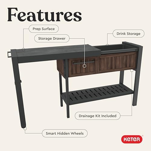Keter Extendable Outdoor Bar Cart with Hidden Cooler, Storage Drawers & Prep Surface – Mobile Patio Serving Station with Drainage Kit & Hidden Wheels for Backyard, Garden & Poolside Entertaining - Image 4