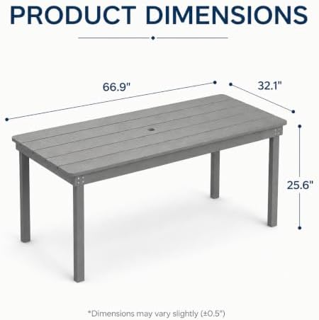 67" Rectangular Outdoor Dining Table, All-Weather HDPE Patio Table for 6-8 Person, Large Composite Wood Furniture with Umbrella Hole for Backyard Deck Garden Poolside, Gray - Image 3