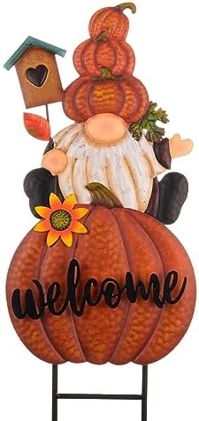 TERESA'S COLLECTIONS Fall Outdoor Decor, Gnomes Decorations for Yard, Metal Pumpkin Fall Garden Decorations, Welcome Signs Stakes, Thanksgiving Orange Autumn Decor for Lawn Patio, 23" by TERESASCOLLECTIONS