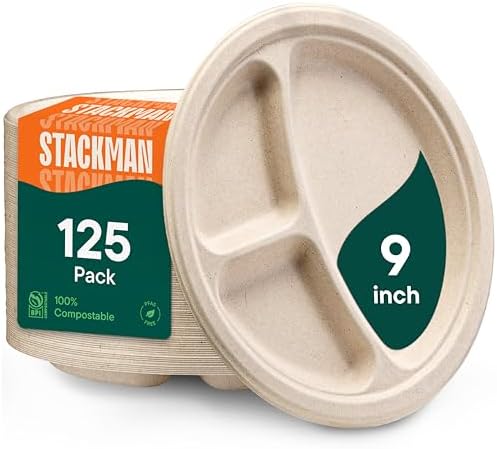 100% Compostable, 3 Compartment, Disposable Paper Plates [125-Pack] 9 Inch Heavy Duty Biodegradable Bagasse Sectional Lunch Trays + Dividers - Divided Platte Tray (PFAS Free) (BPA Certified) by StackMan