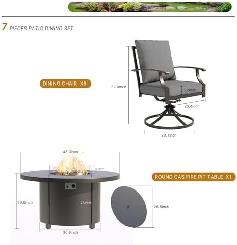 5 Piece Metal Outdoor Patio Furniture Set with 48"/55000 BTU Round Fire Pit Table,Outdoor Dining Table Set 4 Swivel Chairs No-Slip Cushions and Waterproof Covers,Grey - Image 6