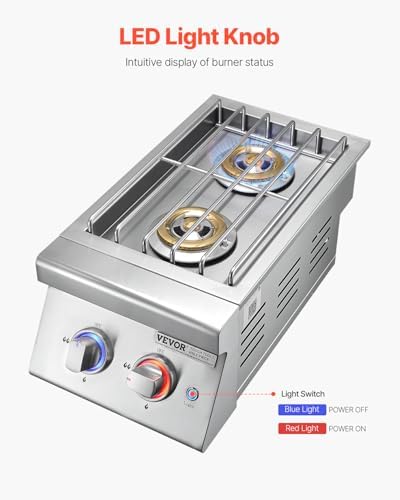 VEVOR Double Grilling Side Burners, 2 x 17,000BTU Liquid Propane Side Burner for Outdoor Kitchen, Convertible to Natural Gas, 304 Stainless Steel Built-in Double Burners with LED for BBQ Grill Island - Image 3