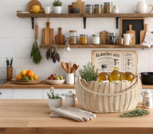 Scalloped Round Basket with Handle, Super Sturdy Wicker Storage Baskets, Hand Woven Basket for Shelves,Natural Baskets for Organizing (White Rattan 12.6"*9"*6.1") - Image 3